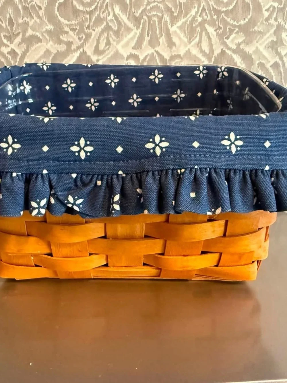 Longaberger Navy Floral-Lined Woven Basket with Honey Brown Base